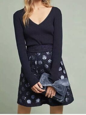 Anthropologie Eva FranNavy Sequin Dot A-Line Tweed Skirt NWT